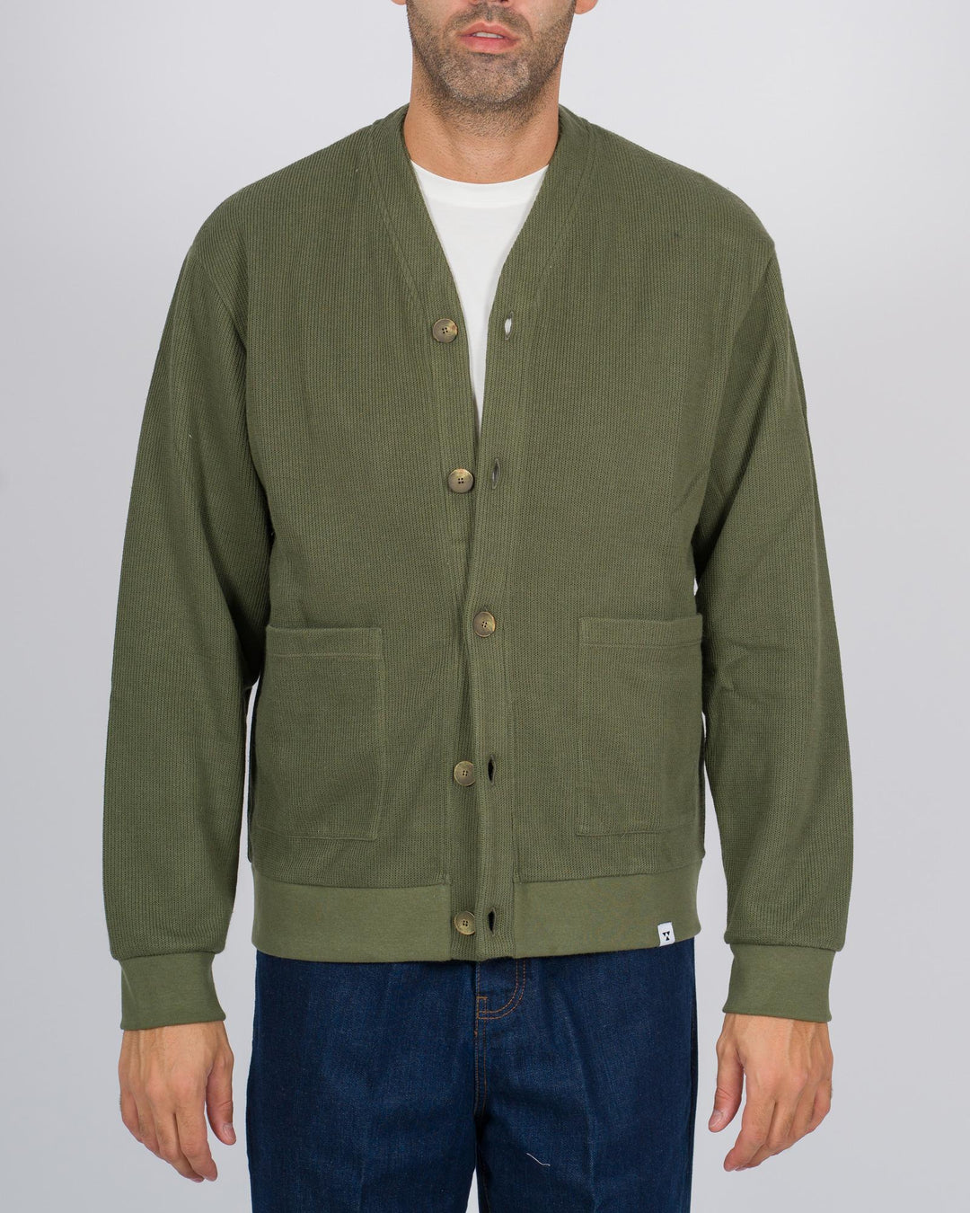 Cardigan Maschile Verde in Jersey a Costine con Bottoni e Tasche 