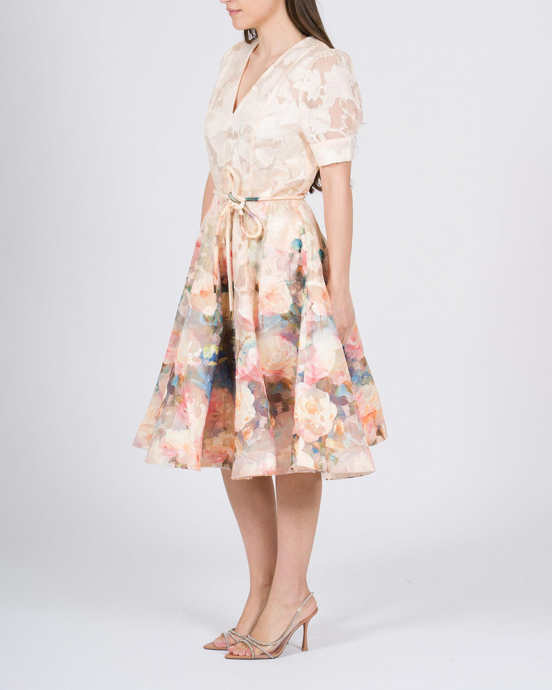 Abito Amosa Ecrù in Organza con Fantasia Floreale 