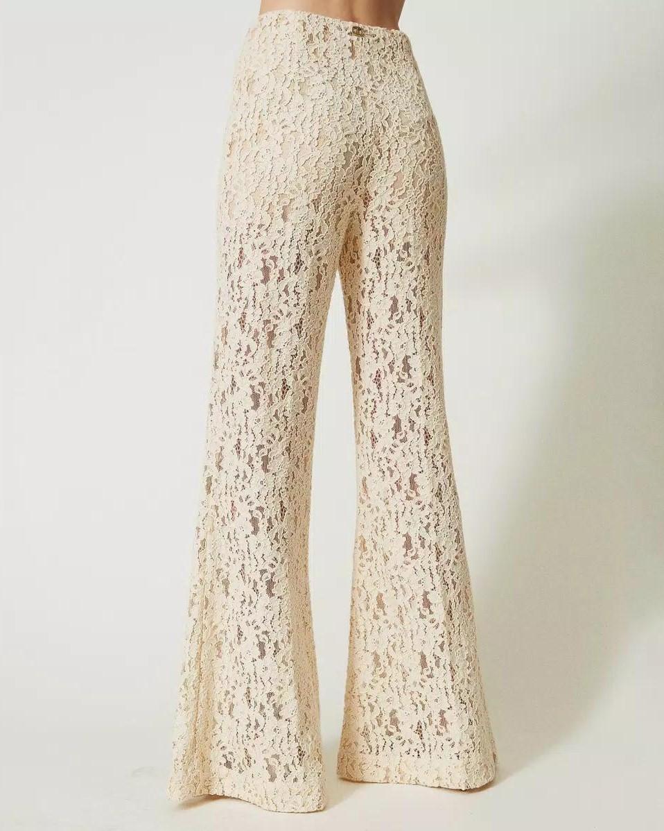 Pantaloni pizzo macramè panna<BR/> 