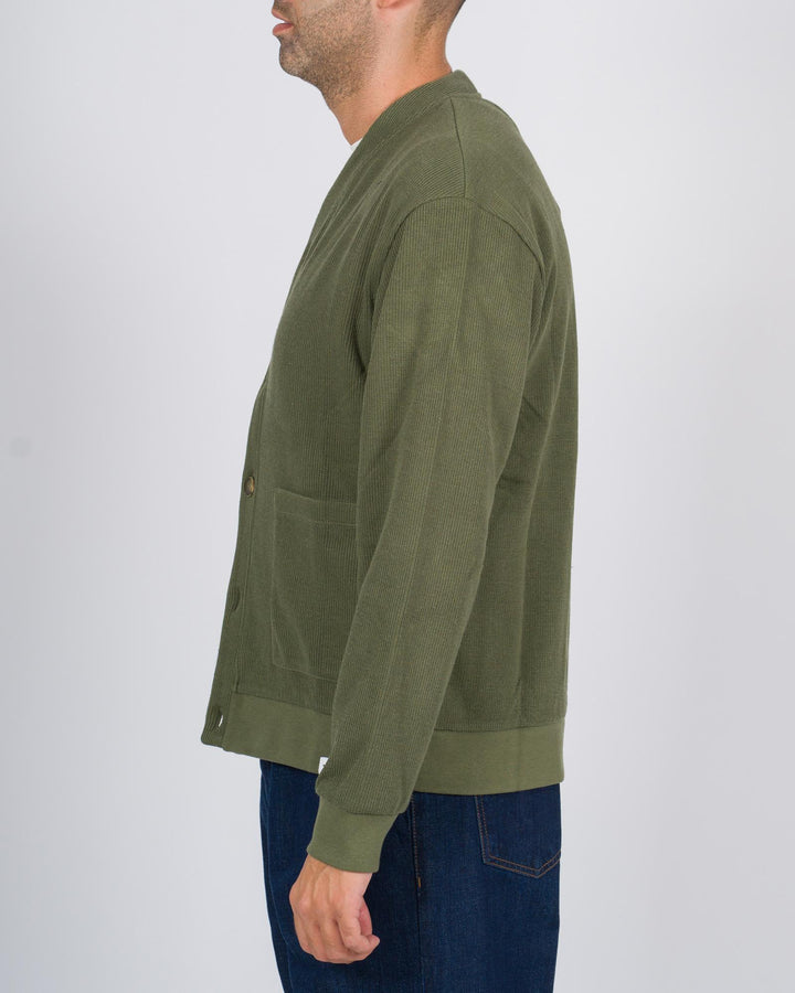 Cardigan Maschile Verde in Jersey a Costine con Bottoni e Tasche 