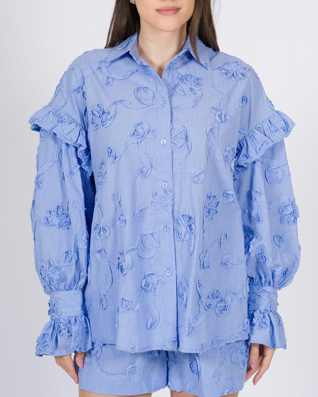 Camicia Azzurra a Righe Silence in Cotone con Ricamo 