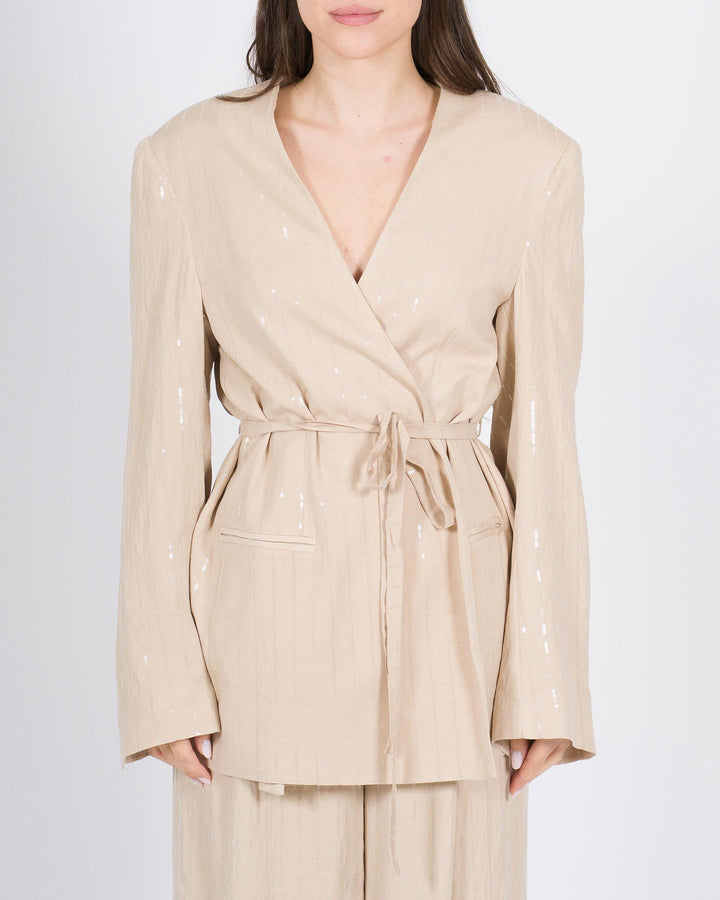 Giacca MEIMEJ  Lino con Fusciacca e Micro Paillettes beige 