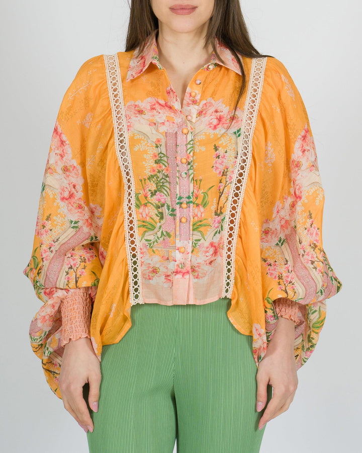 Camicia amosa arancio con stampa rosa 