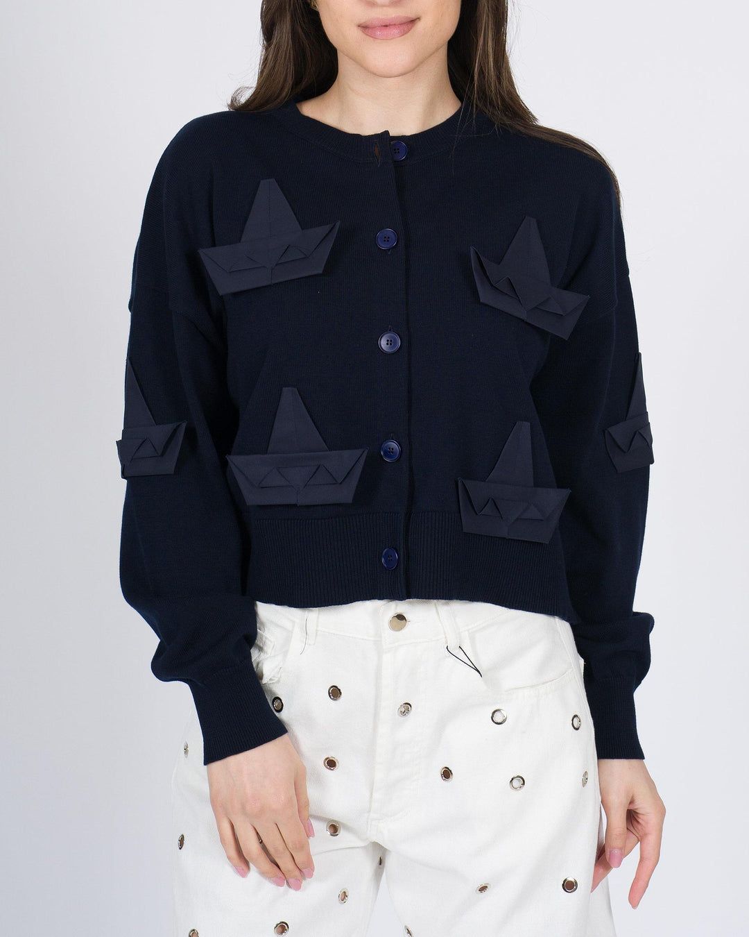 Maglia coreana Meimeij blu in cotone con dettagli barchette in popeline 