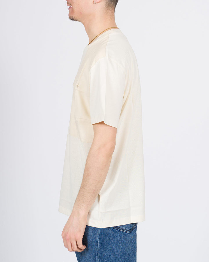T-shirt mezza manica in cotone beige con inserto in lino 