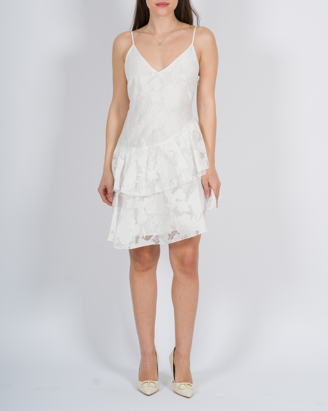 Abito corto in organza fil coupé panna<BR/> 