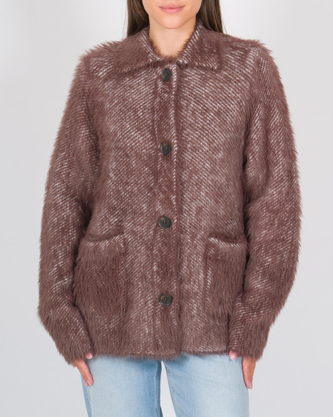 Cappottino Corto in Lana Spigata Effetto Mohair Vino 