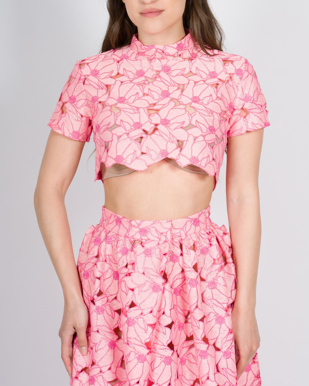 top  ricamato Crochet Rosa 