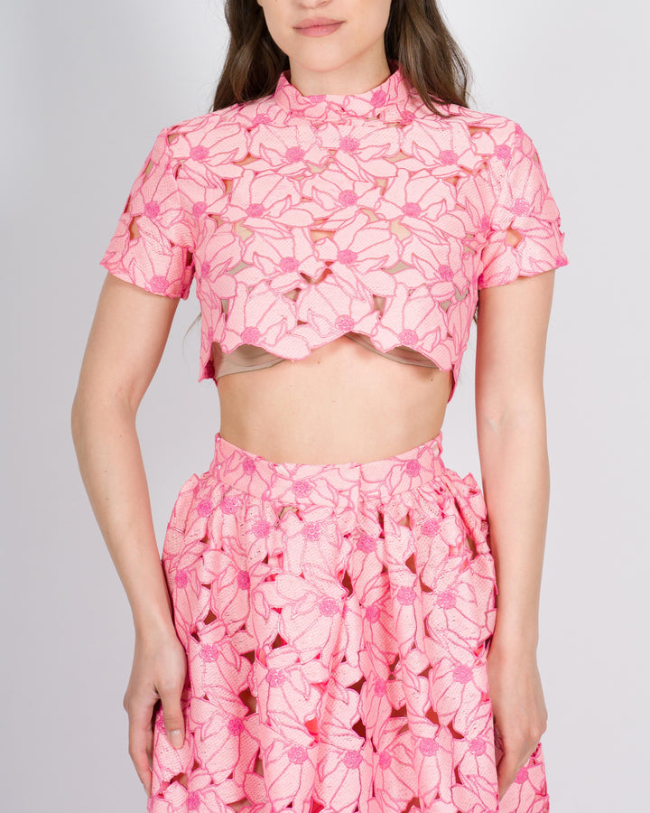 top  ricamato Crochet Rosa 