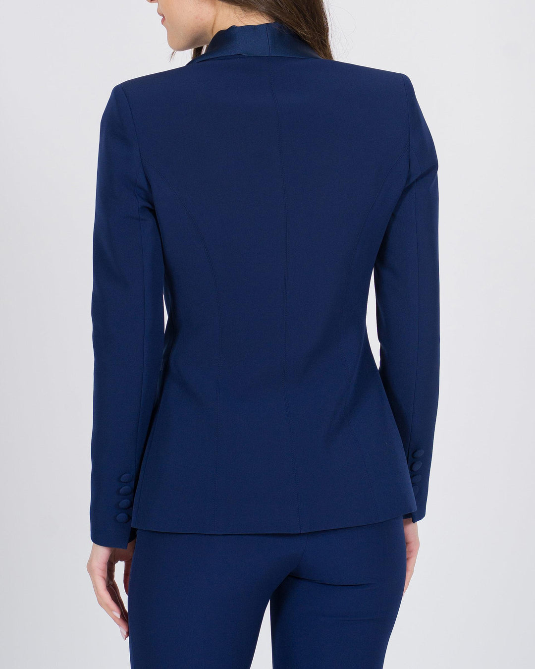 Blazer blu doppiopetto in raso con collo a scialle 
