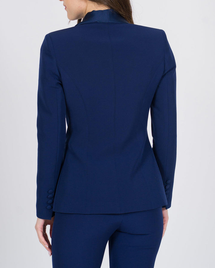 Blazer blu doppiopetto in raso con collo a scialle 