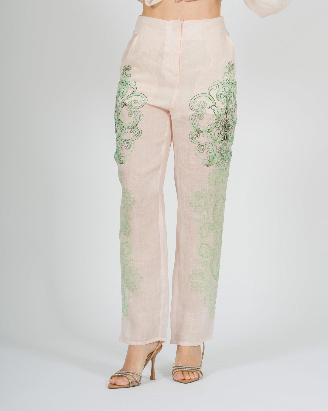 Pantalone in lino rosa amosa con stampa verde 