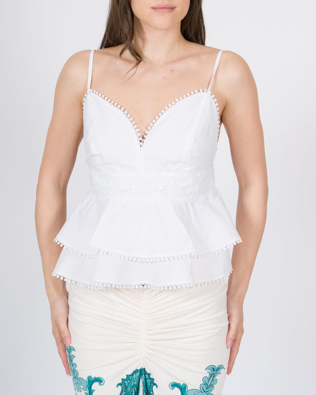 Top Access Bianco in Cotone con Bretelline e Balze 