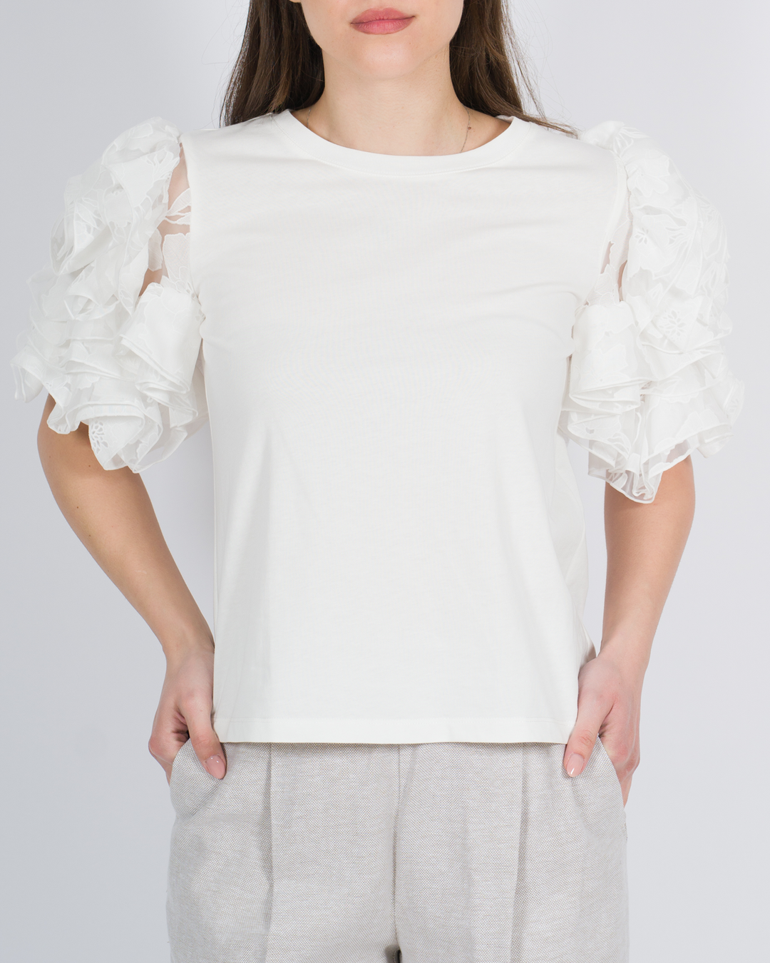 T-shirt con maniche in organza panna<BR/> 