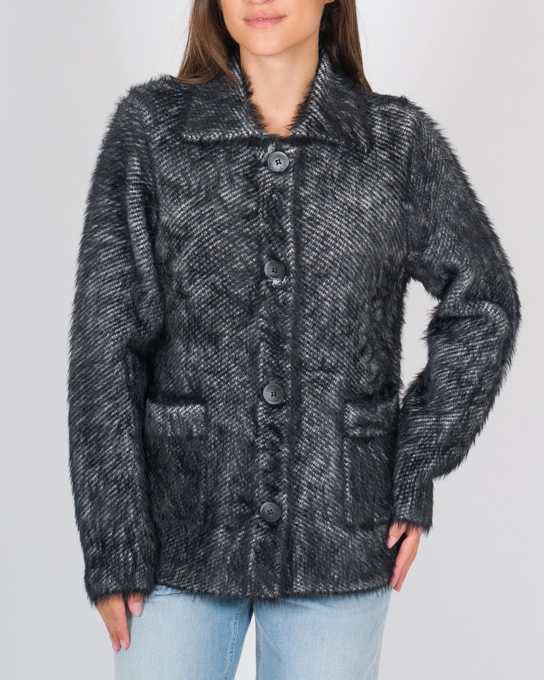 Cappottino Corto in Lana Spigata Effetto Mohair Nero 