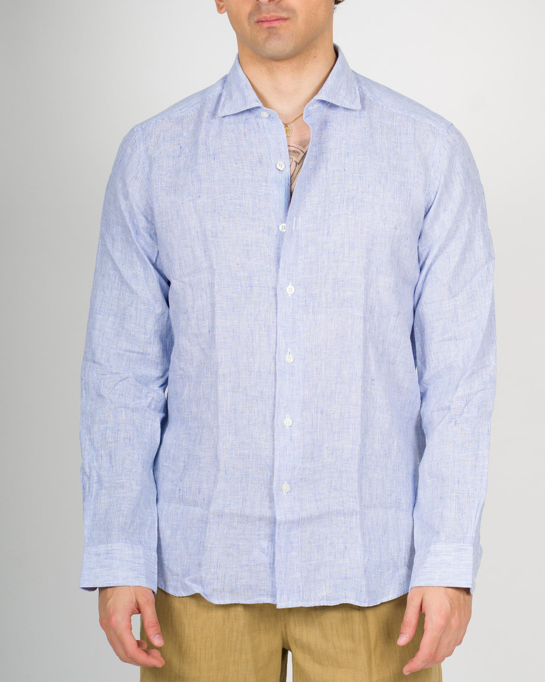Camicia mille righe lino celeste 