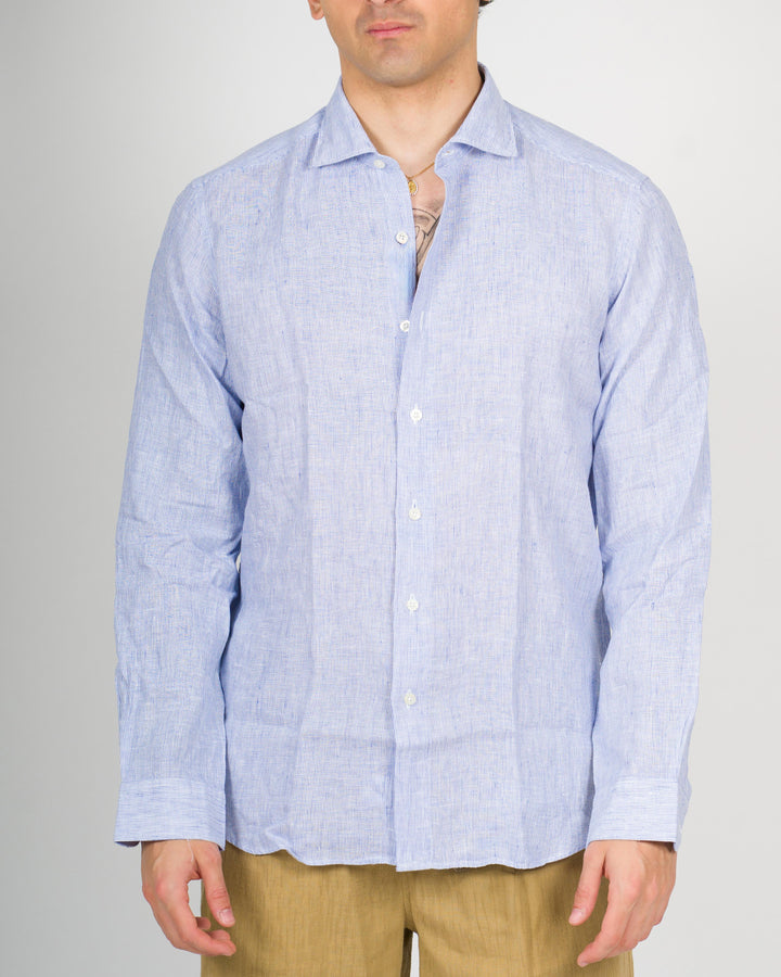 Camicia mille righe lino celeste 