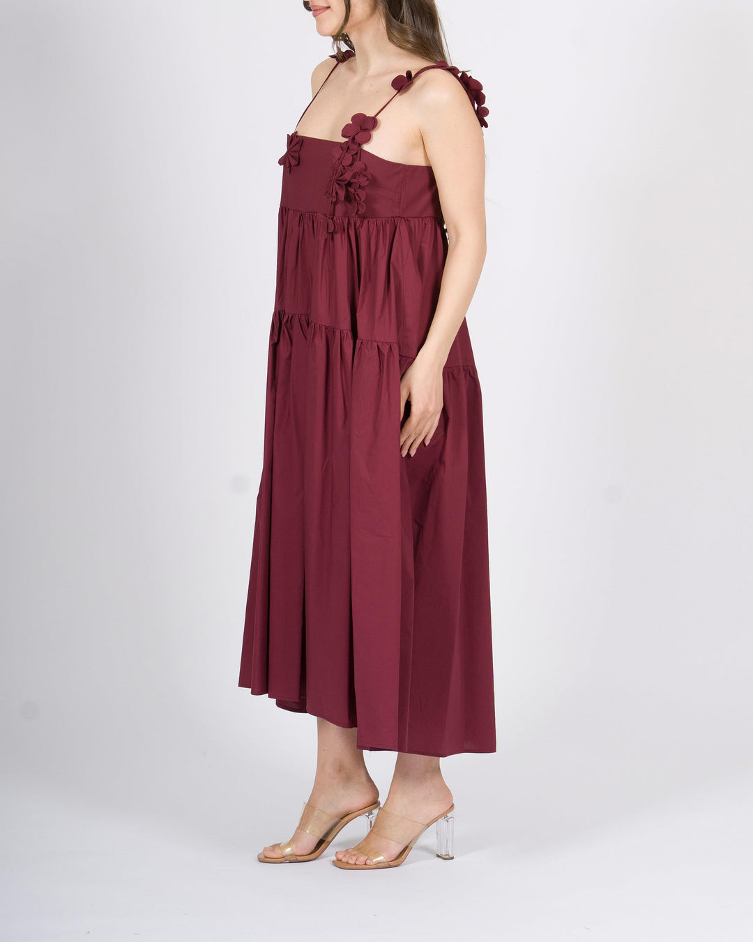 Abito Meimeij bordeaux  100% cotone con applicazioni floreali 
