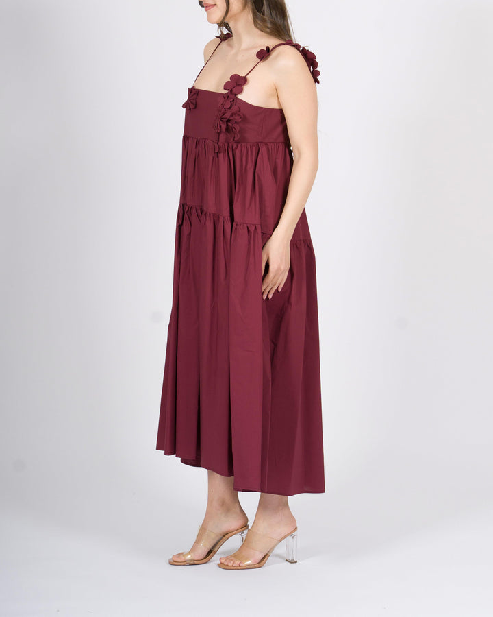 Abito Meimeij bordeaux  100% cotone con applicazioni floreali 