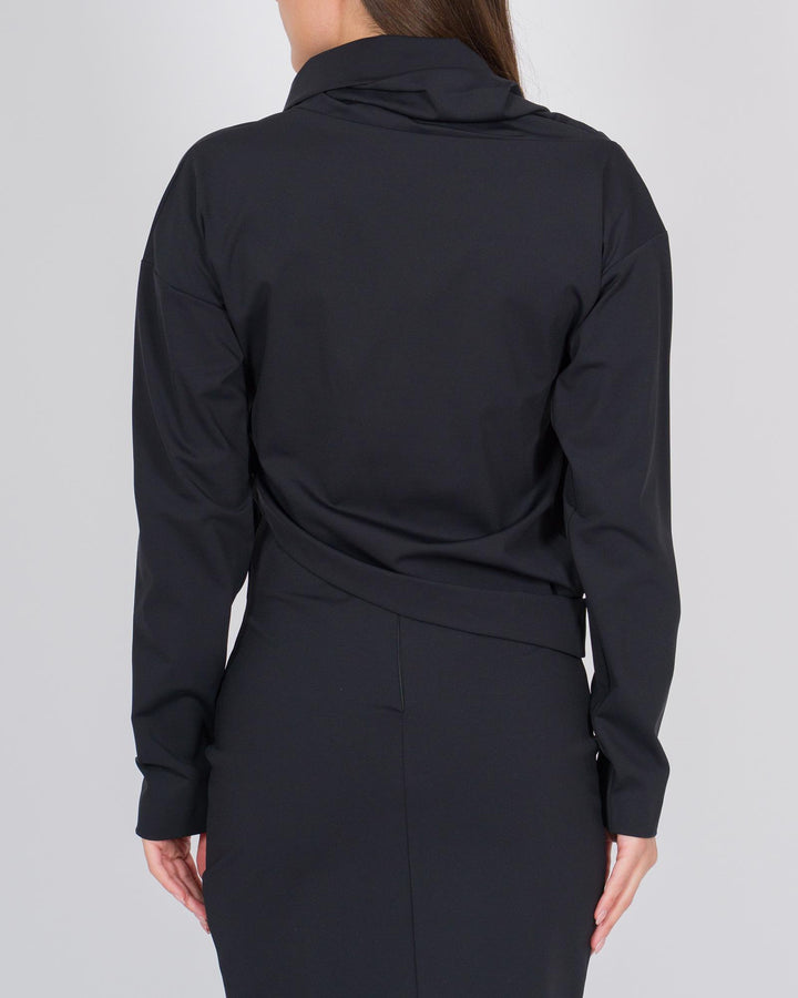 Blusa con collo sciallato e drappeggi nero 
