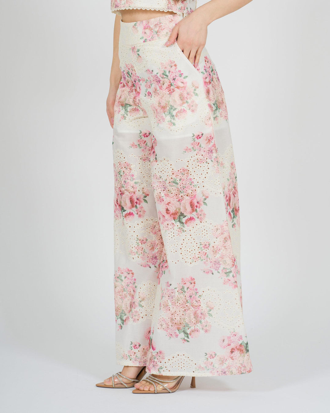 Pantalone amosa bianco con stampa floreale rosa 