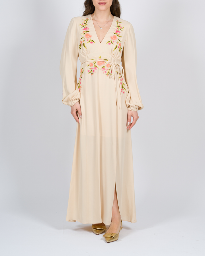 Abito lungo con ricamo floreale beige<BR/> 