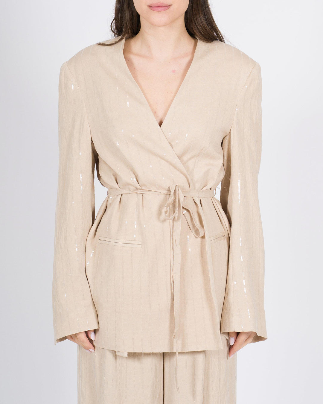 Giacca MEIMEJ  Lino con Fusciacca e Micro Paillettes beige 