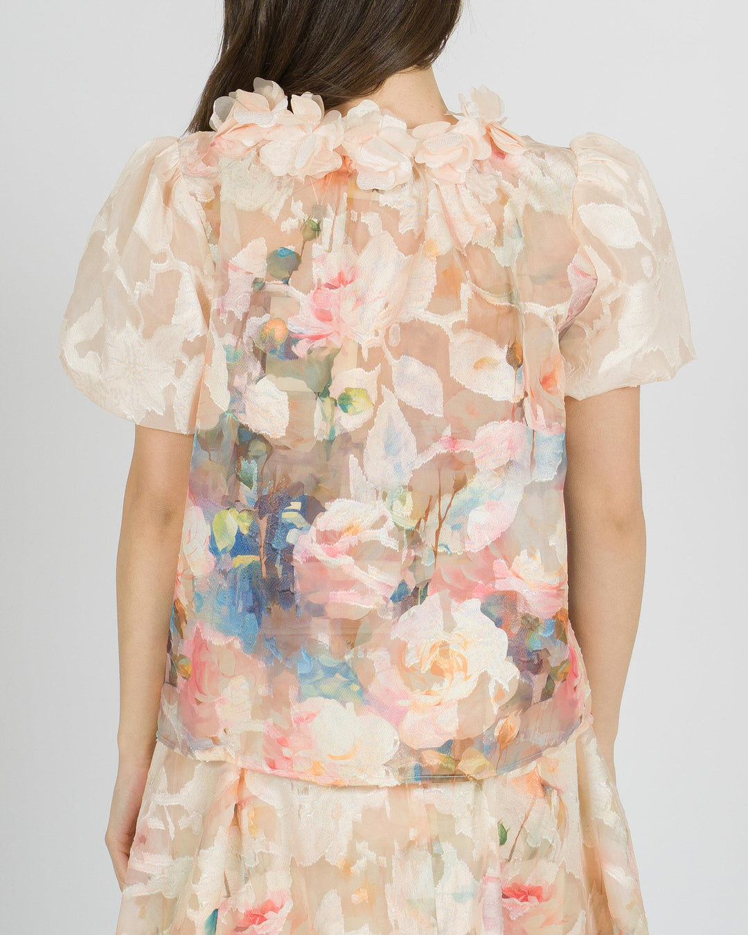 Blusa Amosa beige in organza con stampa floreale multicolor 