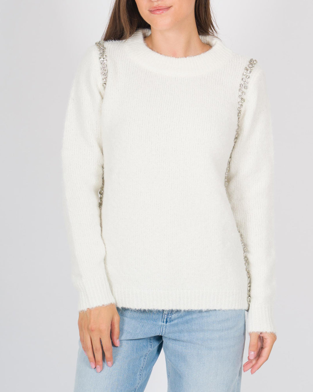 Maglia girocollo con applicazioni cabochon bianco 