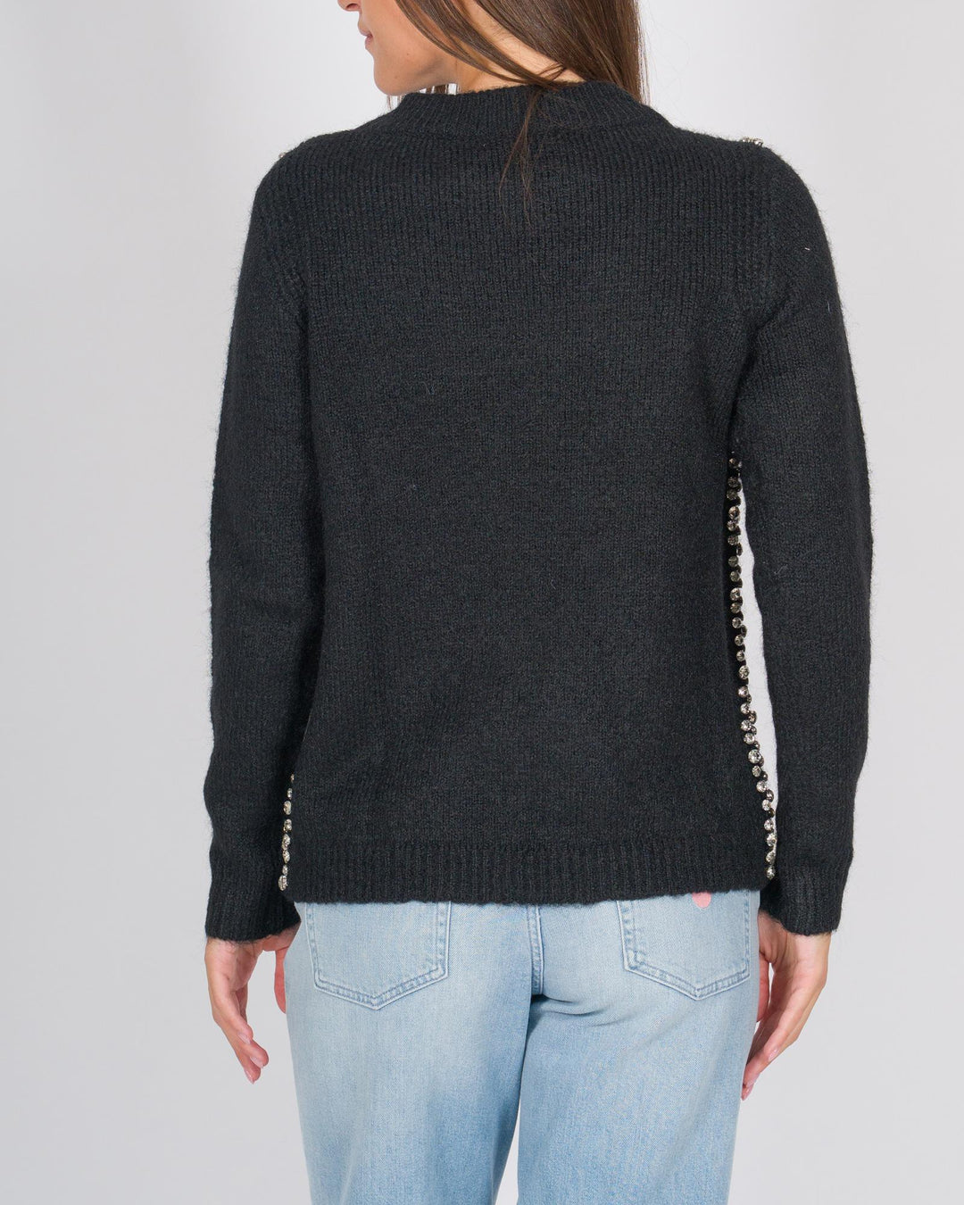 Maglia girocollo con applicazioni cabochon nero 