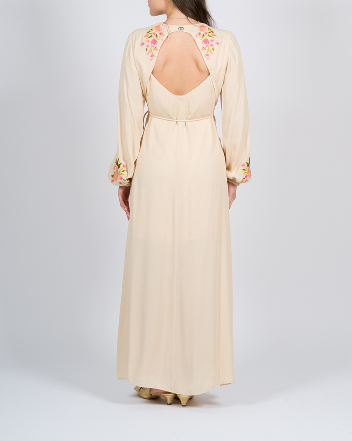 Abito lungo con ricamo floreale beige<BR/> 