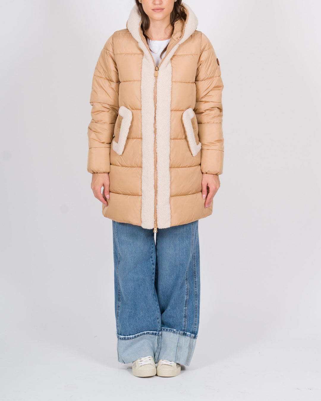Piumino lungo con pelliccia beige 