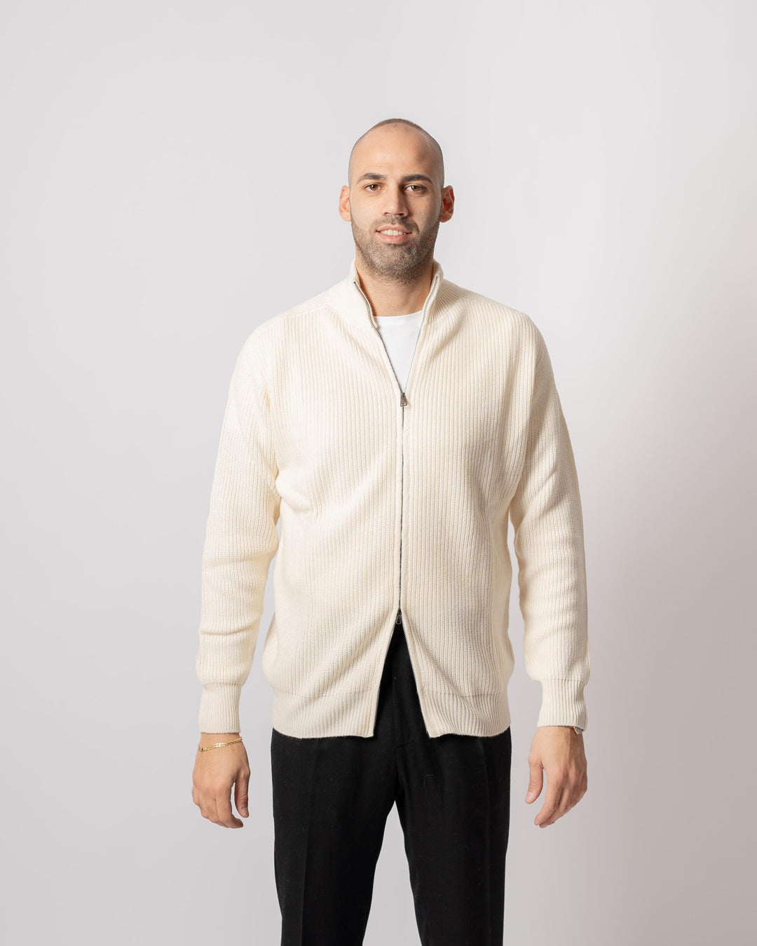 Maglia coste Full zip Panna 
