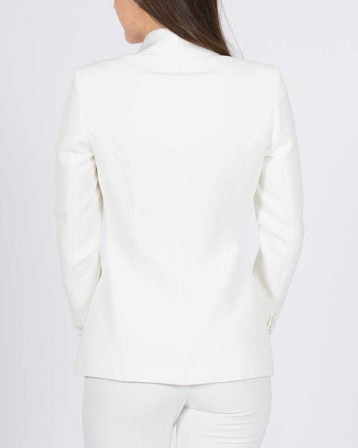 Blazer bianco doppiopetto in raso con collo a scialle 