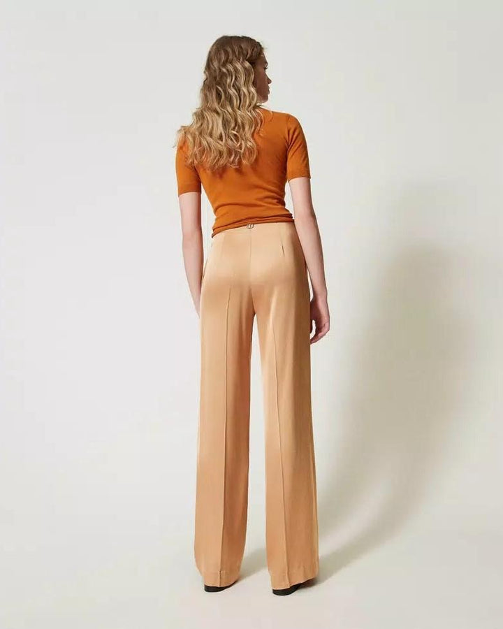 Pantaloni straight leg in raso ocra<BR/> 