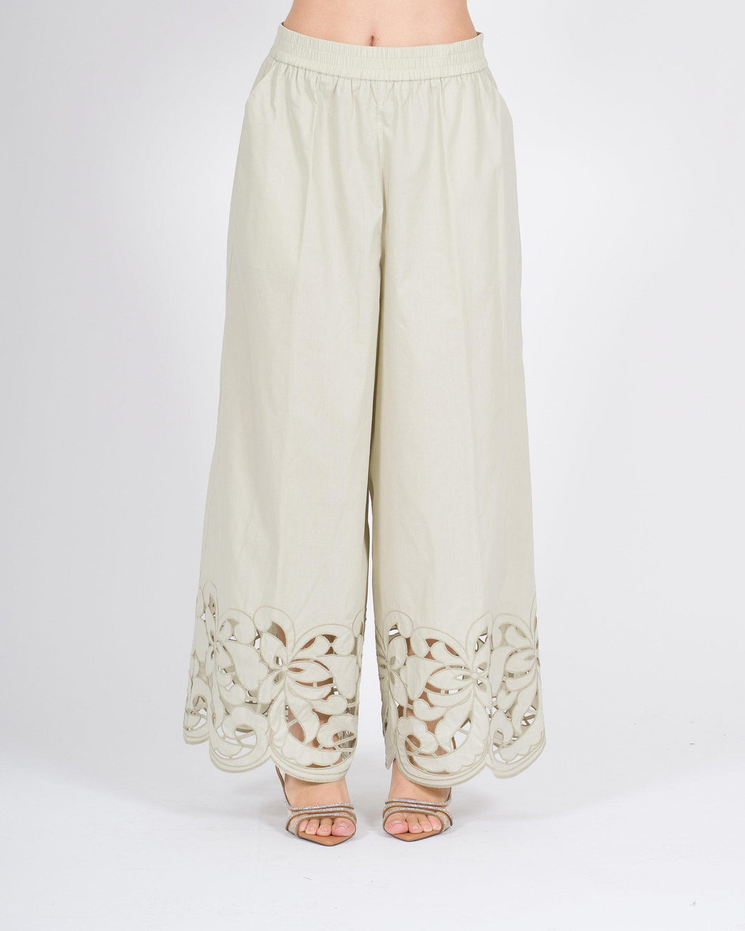 Pantaloni MEIMEJ  Cotone con Ricami Laserati salvia 