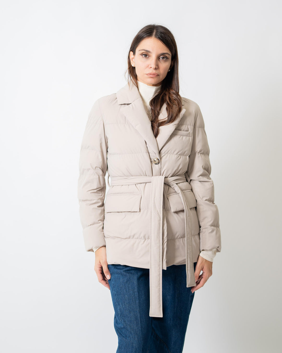 Giubbino corto con cintura in vita Beige<BR/> 