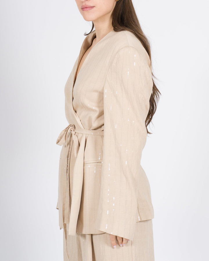 Giacca MEIMEJ  Lino con Fusciacca e Micro Paillettes beige 
