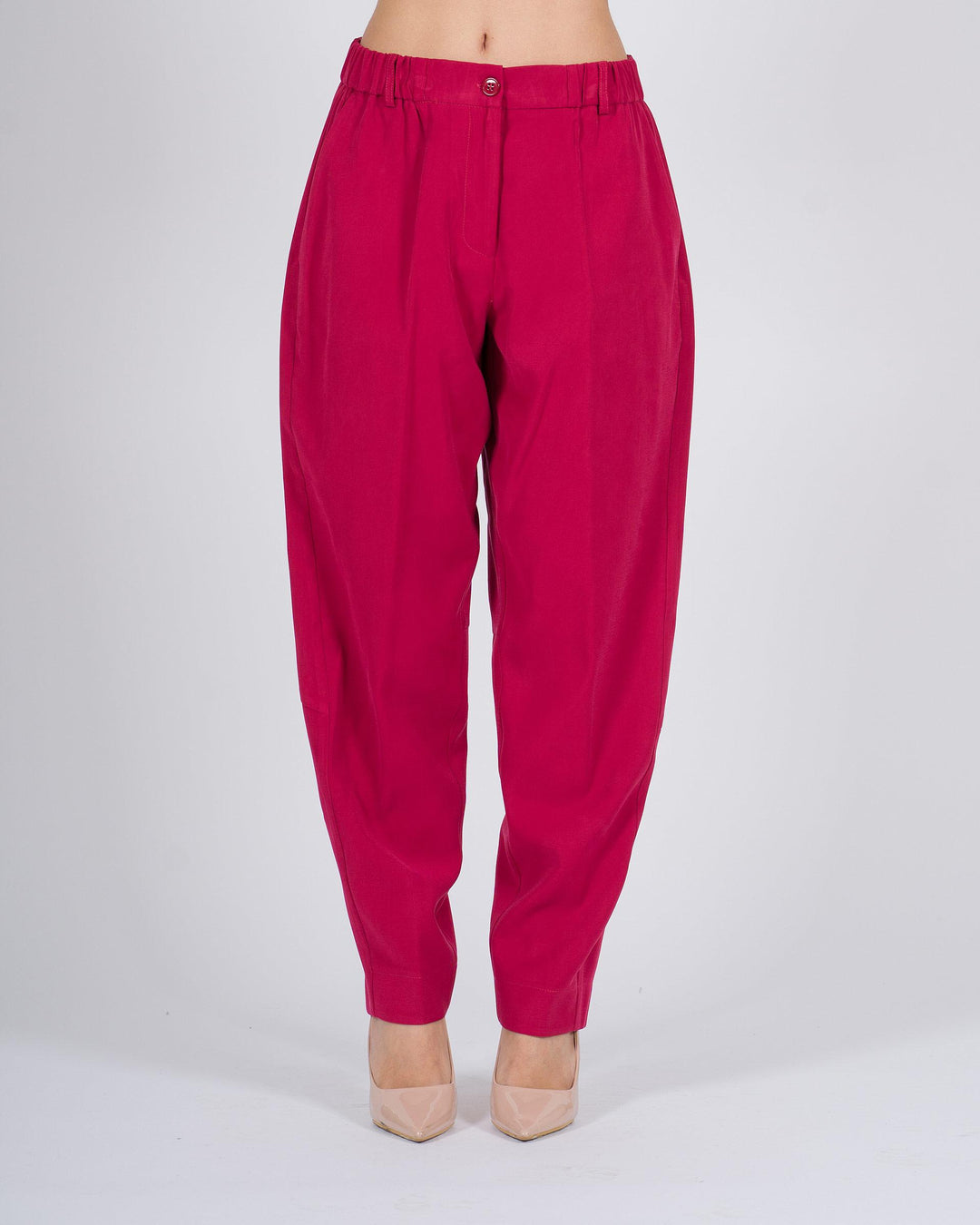 Pantaloni carrot-fit con vita elasticizzata fuxia 