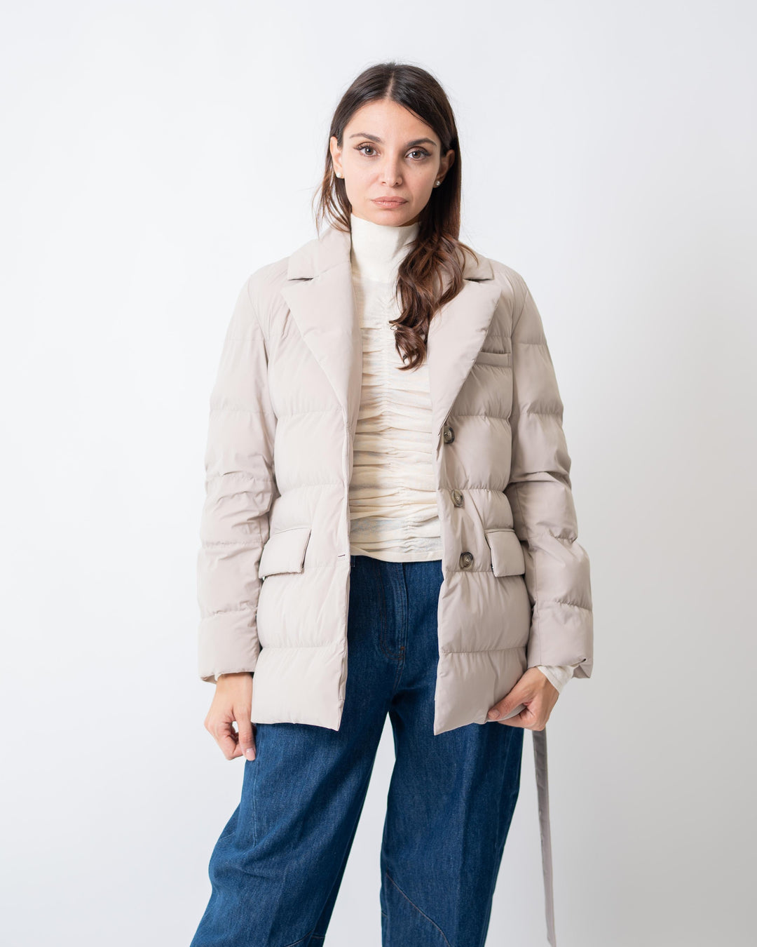 Giubbino corto con cintura in vita Beige<BR/> 