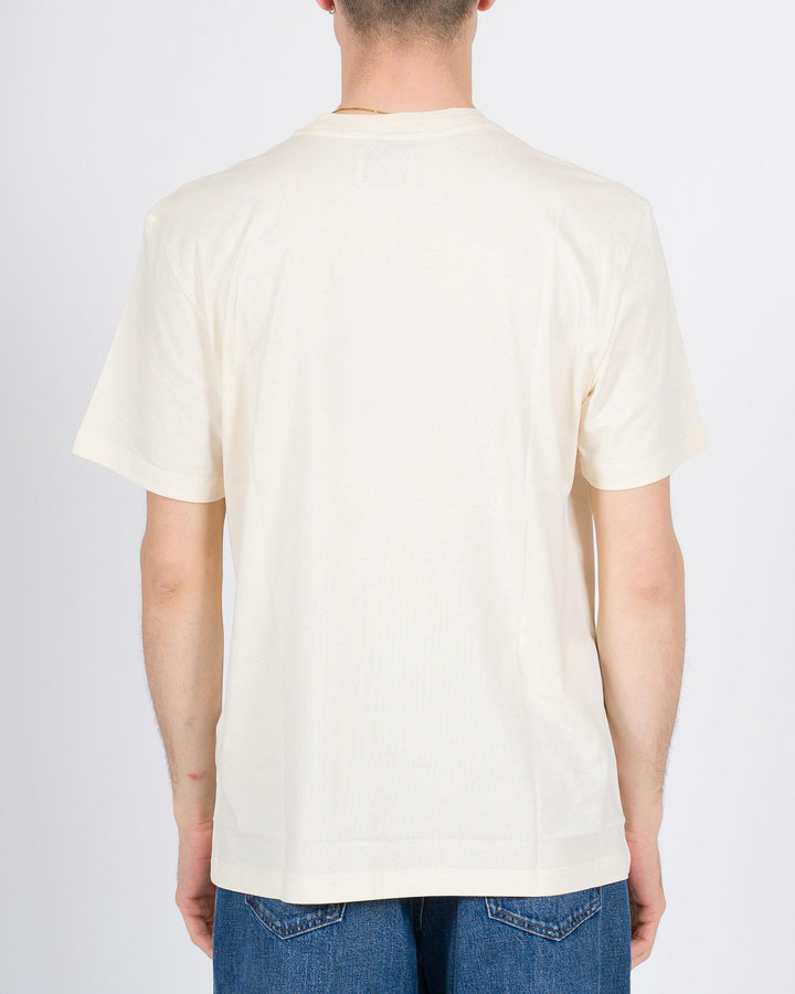T-shirt mezza manica in cotone beige con inserto in lino 