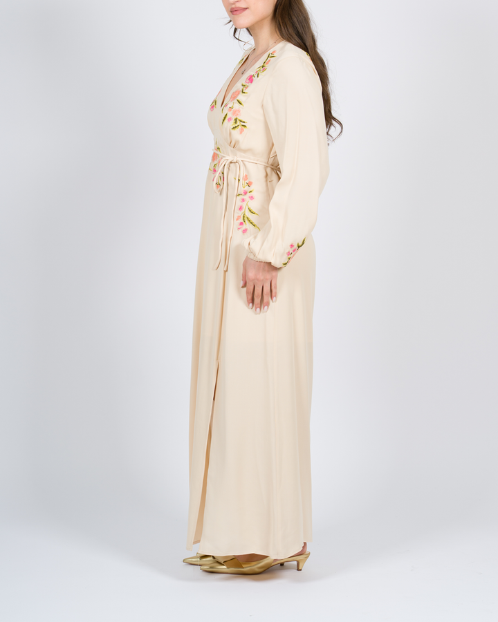Abito lungo con ricamo floreale beige<BR/> 