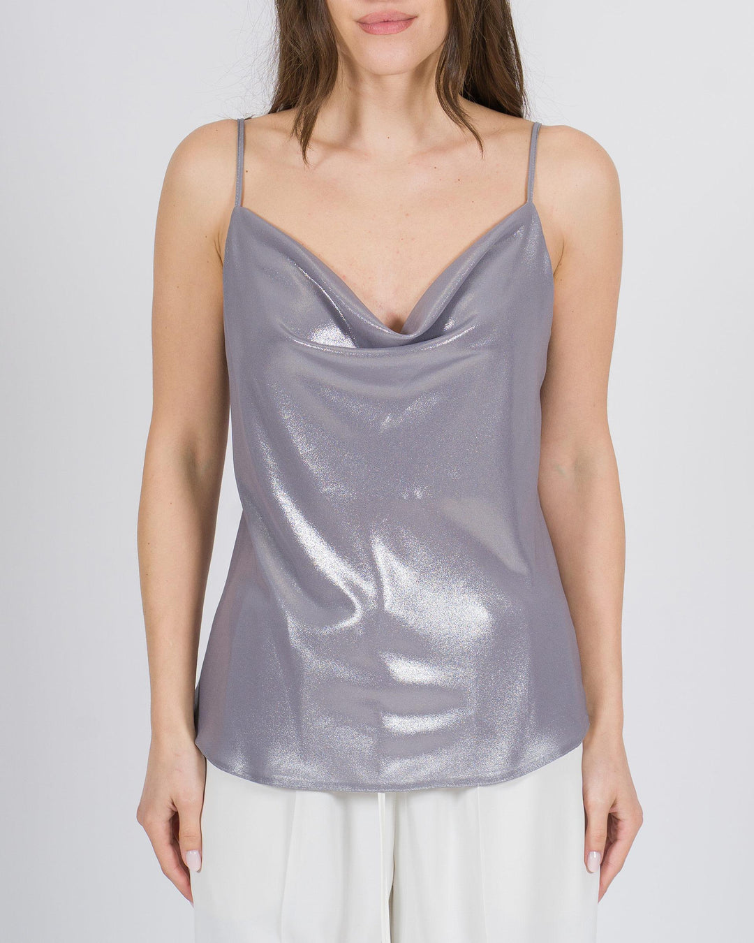 Top a spalline in tessuto spalmato argento 