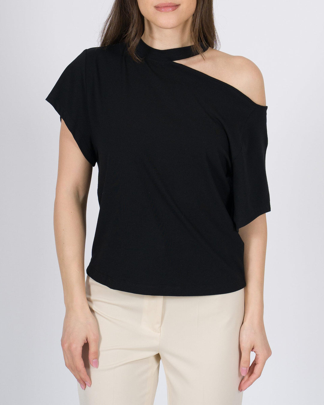 T-shirt nero Silence monospalla con foro 
