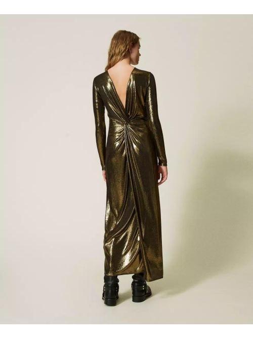 Abito lungo laminato con drappeggio oro 