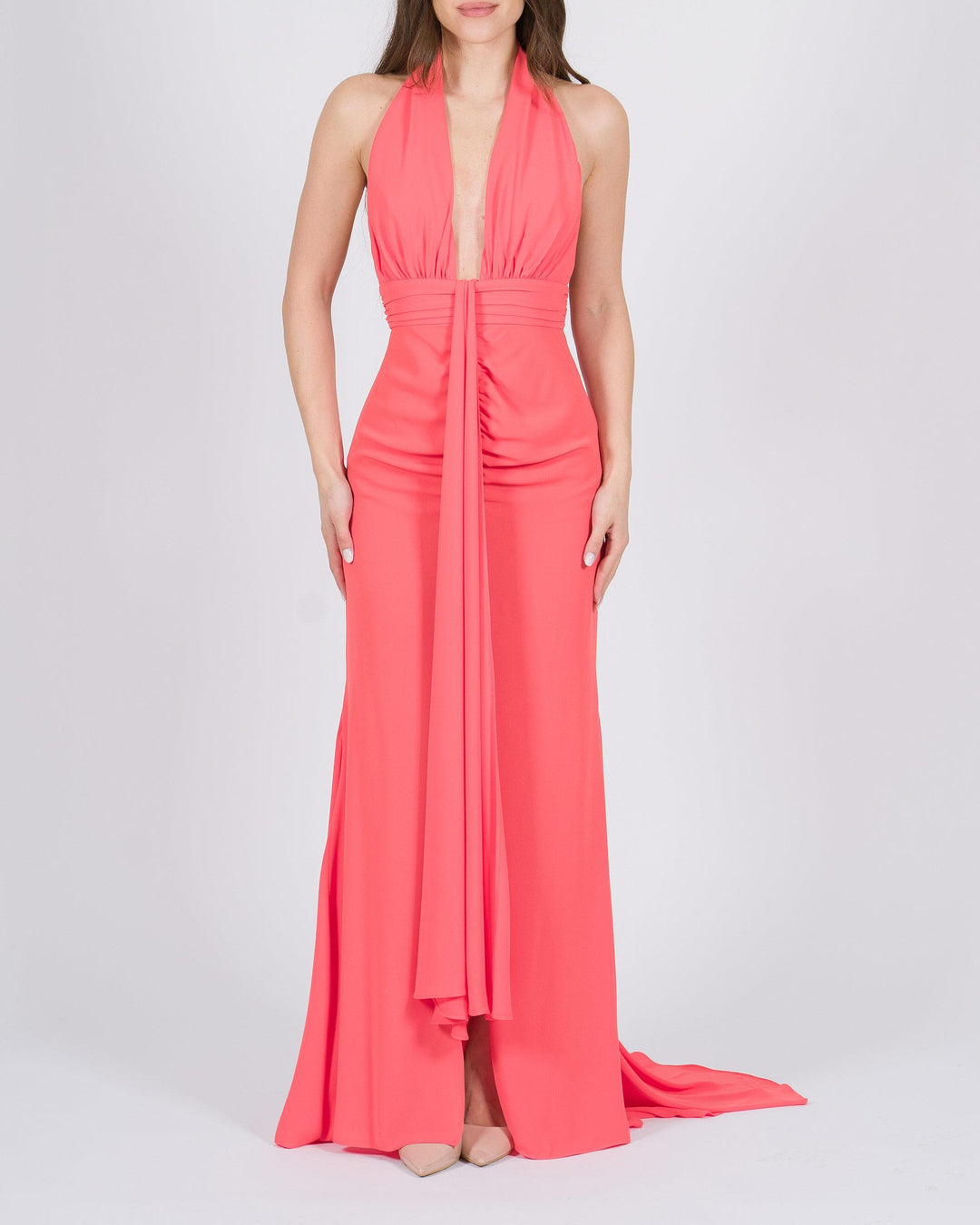 Abito lungo fucsia con scollo 