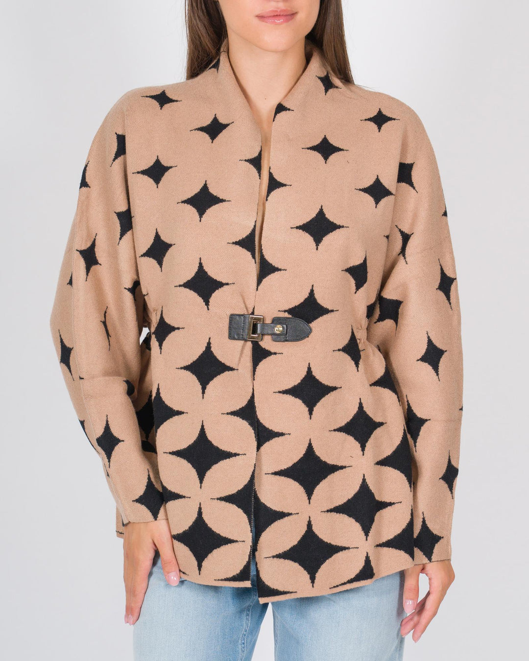 Cardigan a stelle con cinturino beige nero 