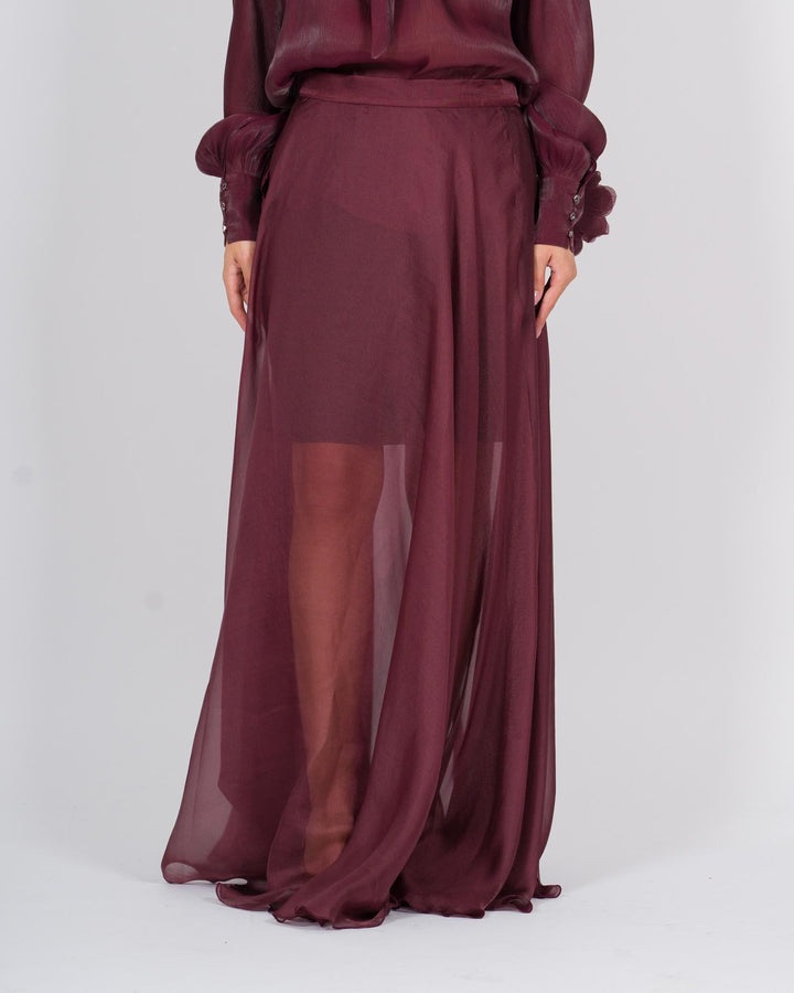 Gonna lunga trasparente con sottoveste staccabile bordeaux 