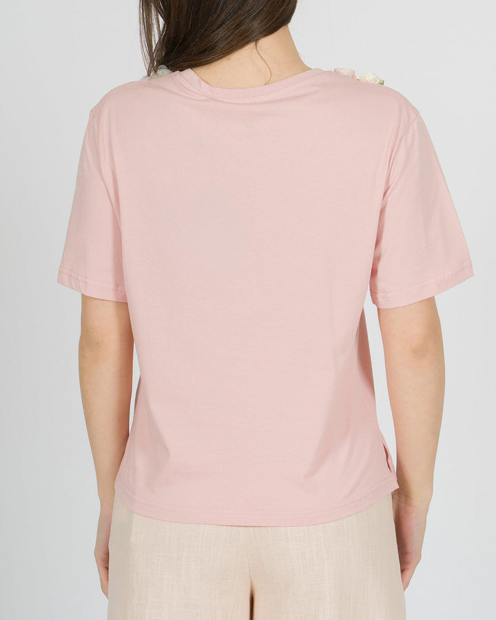 T-shirt rosa Amosa con applicazione di  fiori 