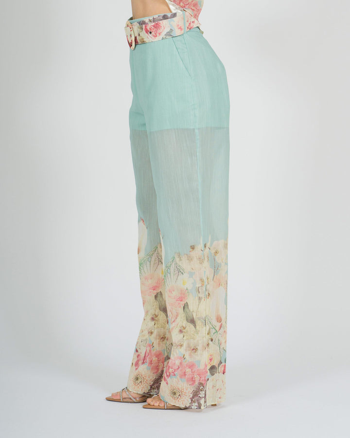 Pantalone azzurro amosa  in cotone leggero con stampa floreale 